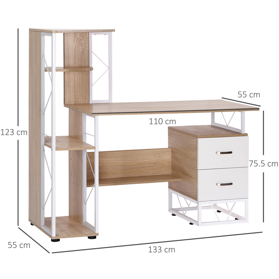 Computer Writing Desk PC Workstation w/2 Drawers Multi-Shelves Home Office Furniture