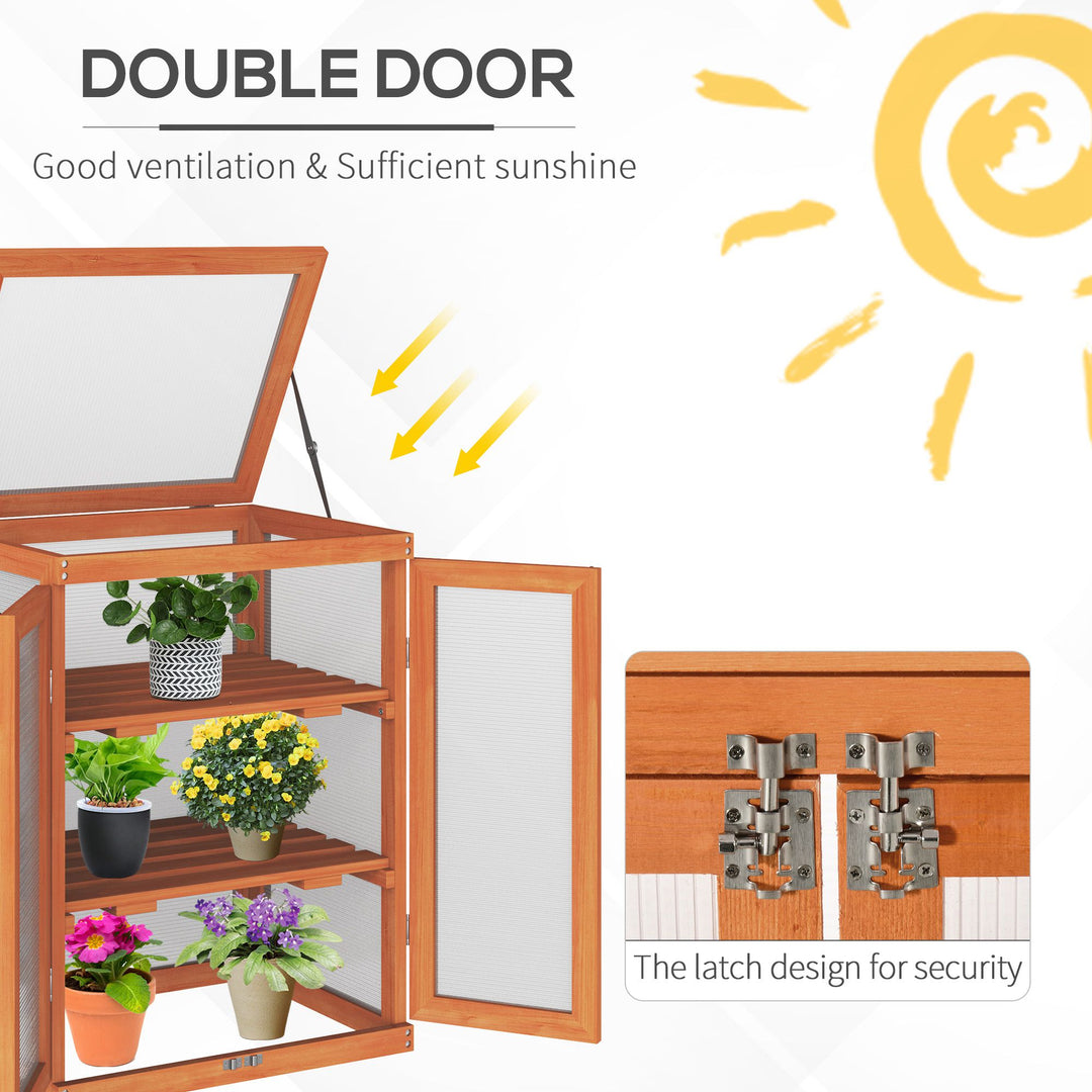 3-tier Wood Greenhouse Garden Polycarbonate Cold Frame Grow House w/ Storage Shelf for Plants, Flowers, Orange