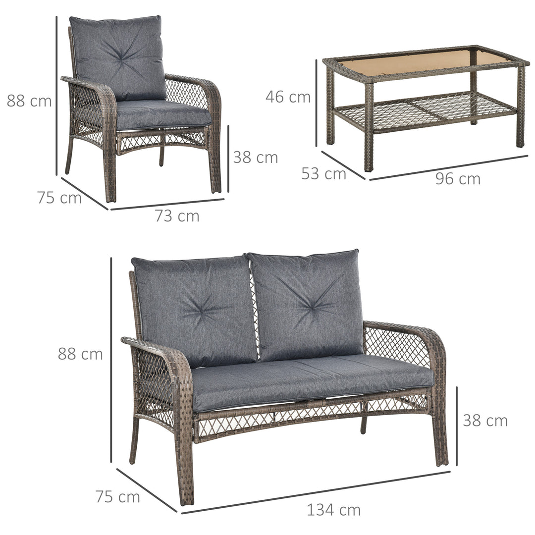 4-Seater Patio PE Rattan Wicker Sofa Sets Outdoor All Weather Conversation Furniture w/ Two Tier Tea Table &amp; Cushions for Backyard Garden Grey