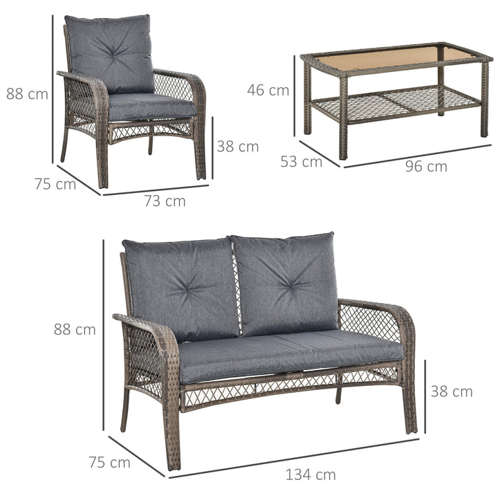 4-Seater Patio PE Rattan Wicker Sofa Sets Outdoor All Weather Conversation Furniture w/ Two Tier Tea Table &amp; Cushions for Backyard Garden Grey