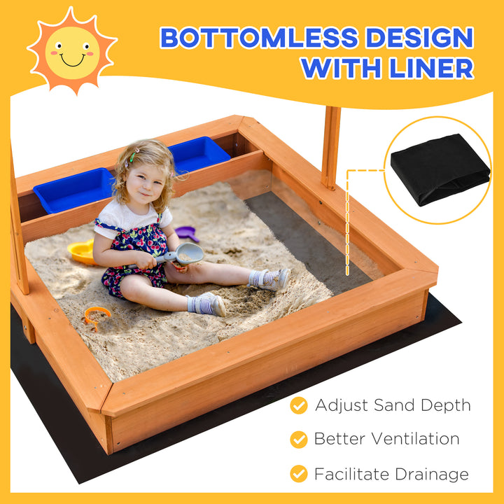 Kids Wooden Sandbox, Children Sand Play Station Outdoor with Adjustable Height Cover, Bottom Liner, Seat, Plastic Basins, Aged 3-7 Years Old