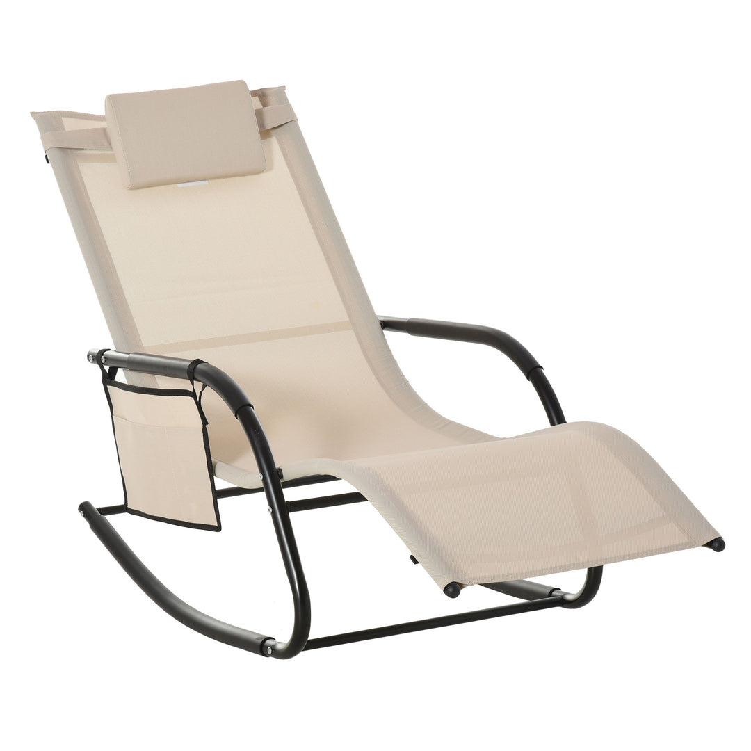 Breathable Mesh Rocking Chair Patio Rocker Lounge for Indoor &amp; Outdoor Recliner Seat w/ Removable Headrest for Garden and Patio Cream White