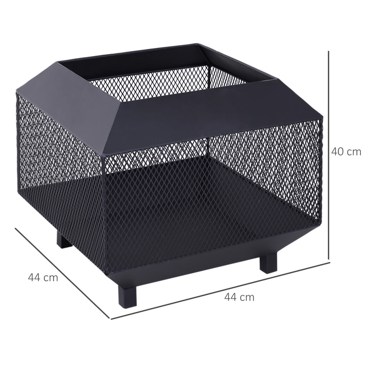 Outsunny Metal Square Fire Pit Outdoor Mesh Firepit Brazier w/ Lid, Log Grate, Poker for Backyard, Camping, Wood Burning Stove, 44 x 44 x 40cm, Black