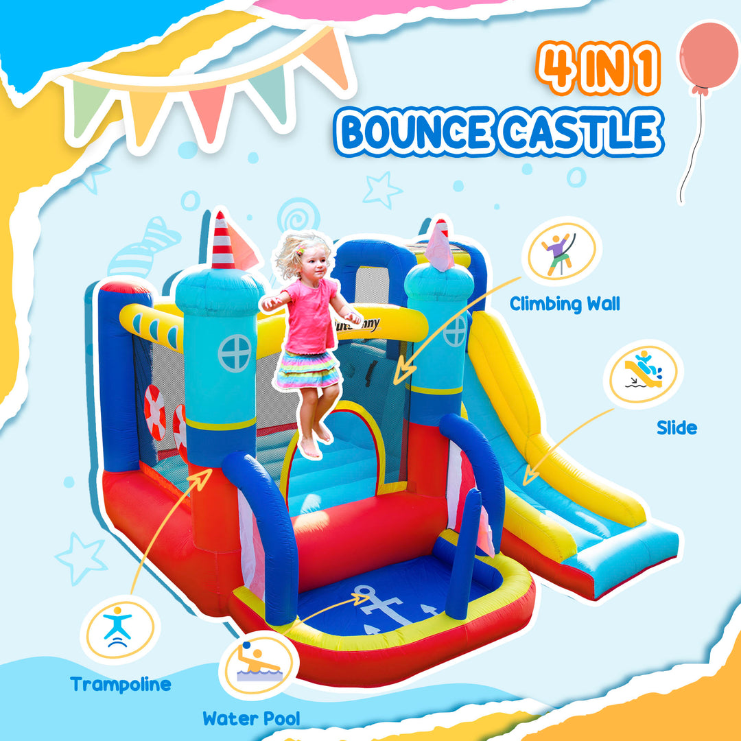 Outsunny 4 in 1 Kids Bounce Castle Large Sailboat Style Inflatable House Slide Trampoline Water Pool Climbing Wall for Kids Age 3-8, 2.65 x 2.6 x 2m