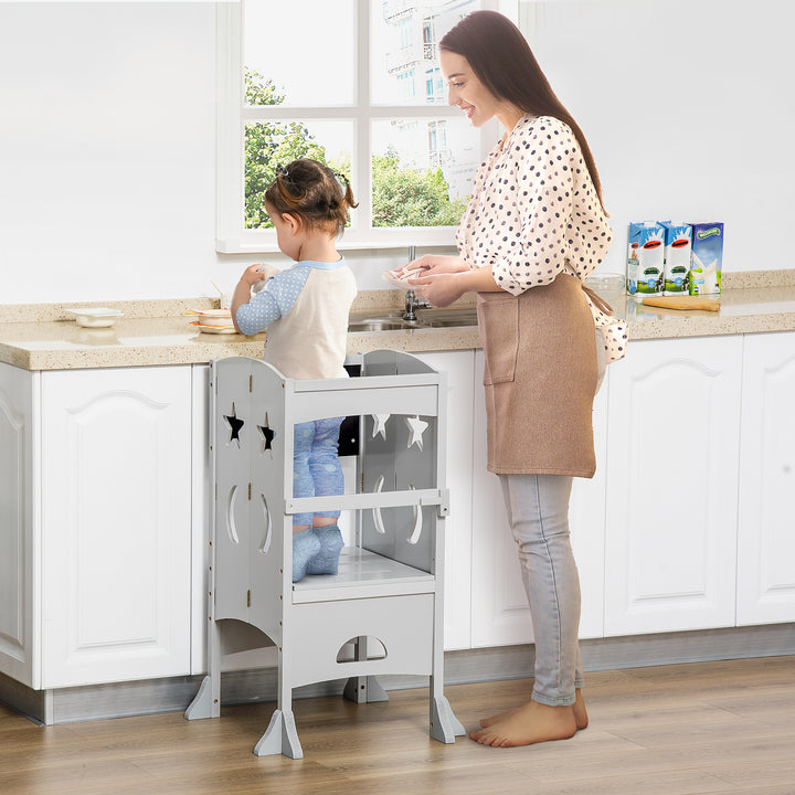 Kids Step Stool with Blackboard Lockable Handrail - Grey