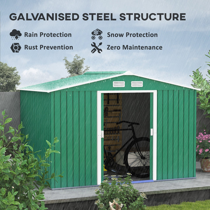 Outsunny Lockable Garden Shed Large Patio Tool Metal Storage Building Foundation Sheds Box Outdoor Furniture (9 x 6 FT, Green)