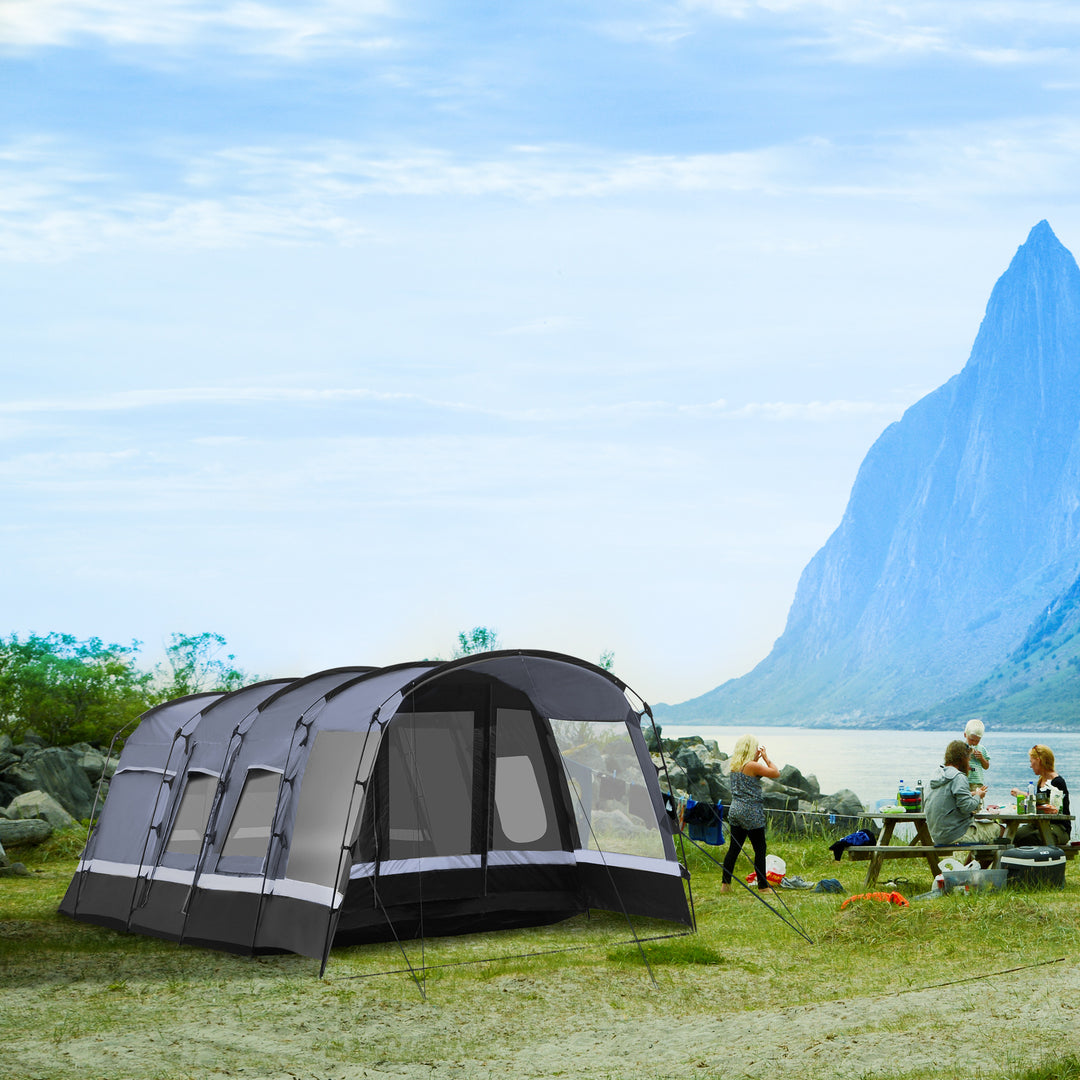 8-Person Camping Tent, Waterproof Family Tent, Tunnel Design, 4 Large Windows, Sleeping Cabins 3000mm Water Column Grey