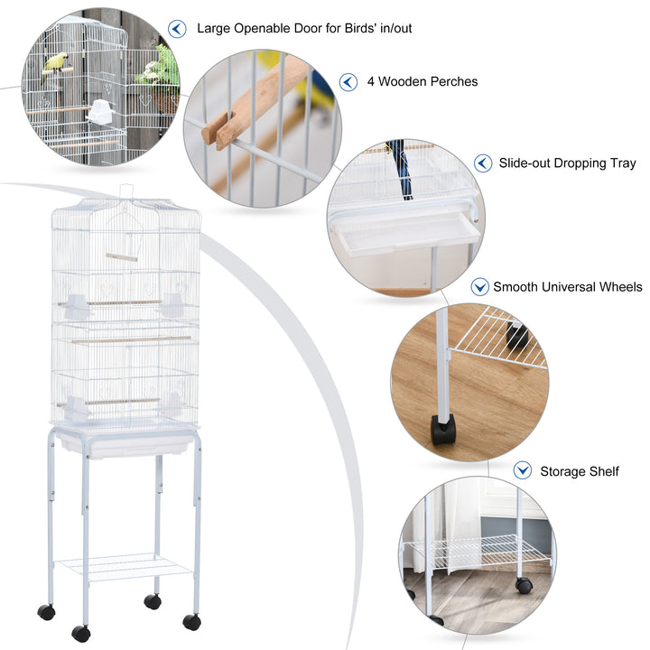 PawHut Metal Bird Parrot Cage w/ Breeding Stand Feeding Tray Wheels Parakeet Pet Supply White 47.5L x 37W x 153H (cm)