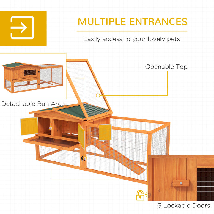 PawHut Rabbit Hutch and Run Outdoor Bunny Cage Wooden Guinea Pig Hide House with Sliding Tray, Hay Rack, Ramp, 156 x 58 x 68cm