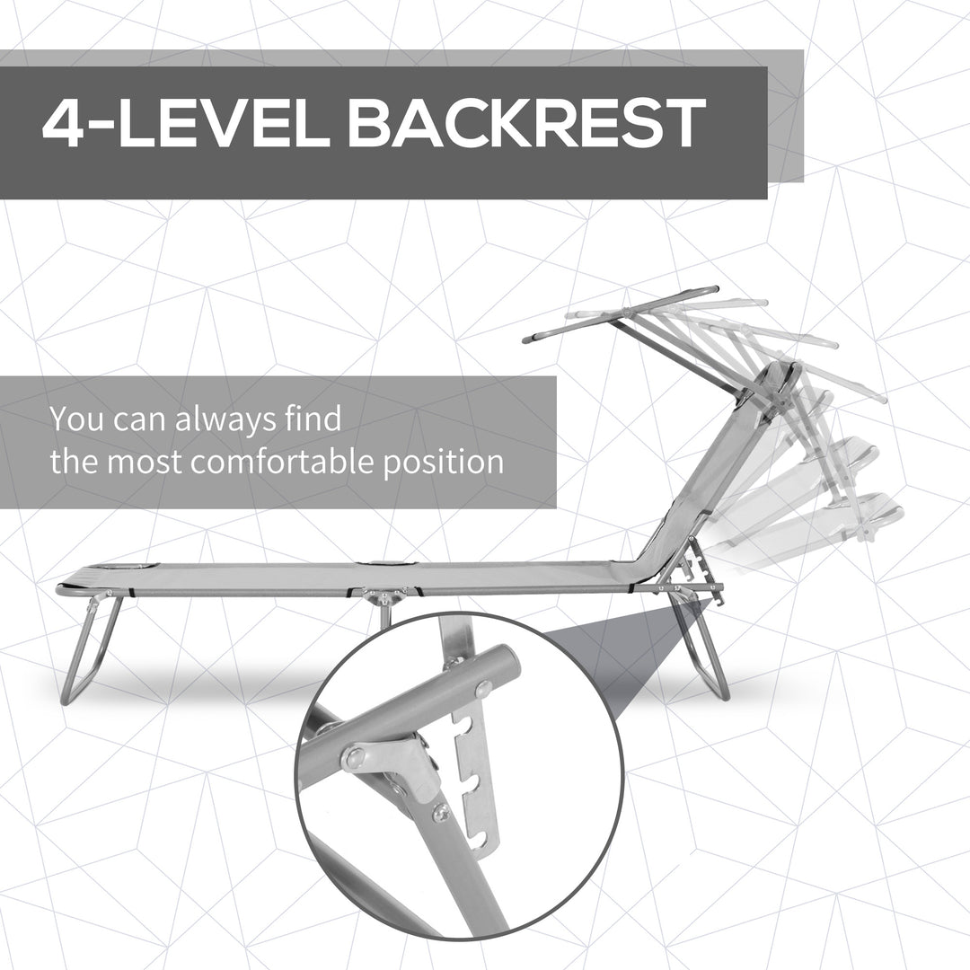 2 Pieces Outdoor Foldable Sun Lounger Set with Removeable Shade Canopy, Patio Recliner Sun Lounger with Adjustable Backrest with Mesh Fabric, Light Grey