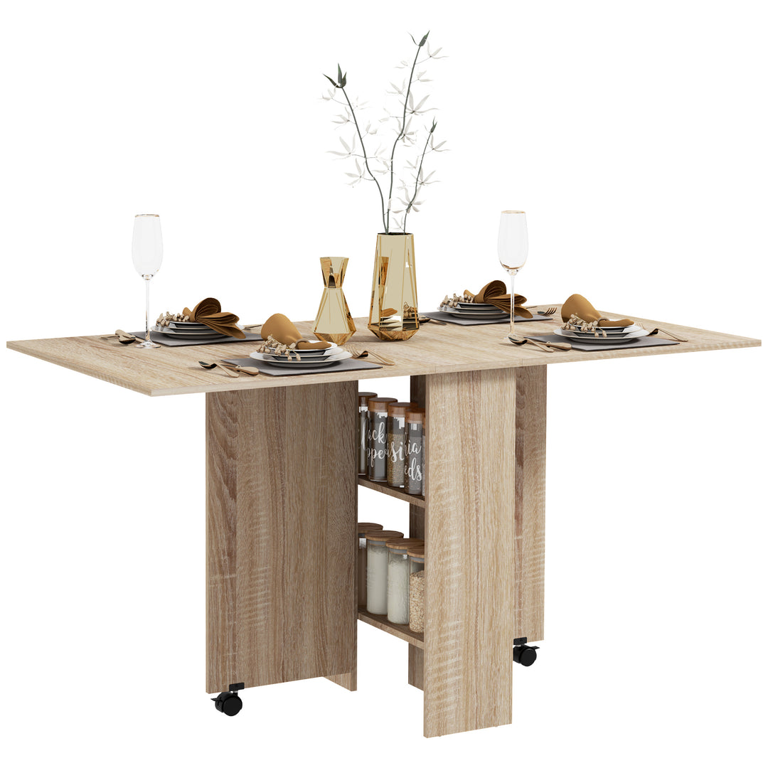 Folding Dining Table, Drop Leaf Table for Small Spaces with 2-tier Shelves, Small Kitchen Table with rolling Casters