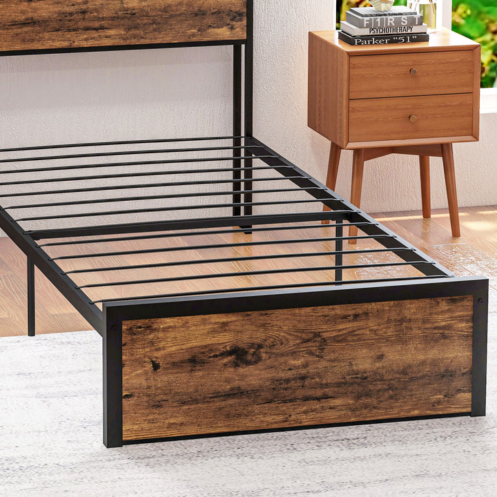 Industrial Single Bed Frame, 3.1FT Steel Bed Base with Storage Headboard, Footboard, Slatted Support and Under Bed Storage, 95 x 209cm, Rustic Brown