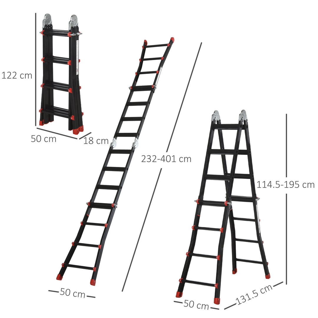 4M Aluminium Duo Ladder Telescopic Herringbone Changeable Multi-Purpose w/ Non-Slip Steps Climbing DIY Platform Portable Workshop House Garden