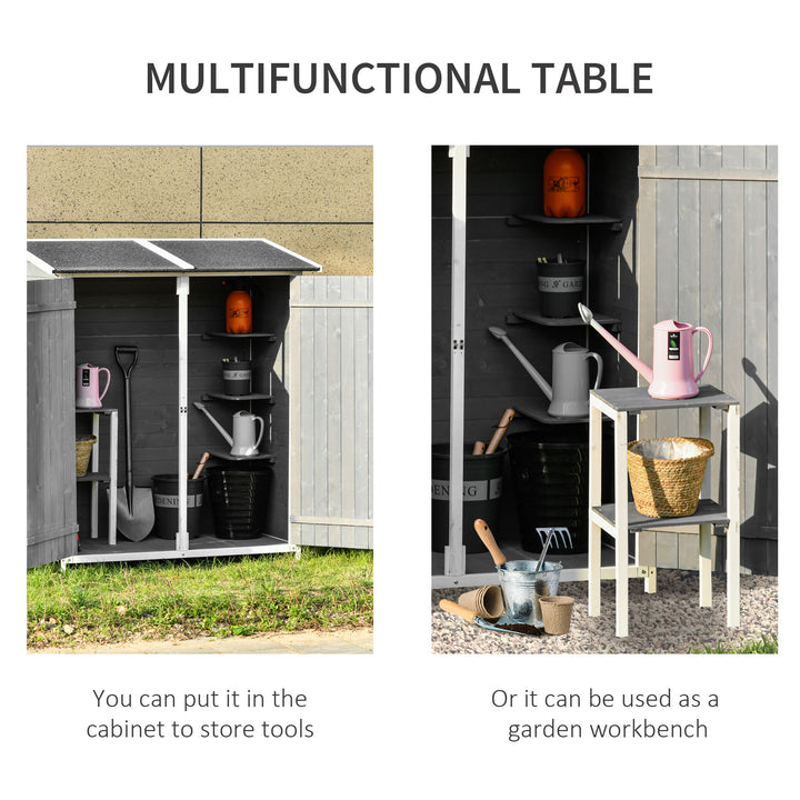 Outsunny Garden Wood Storage Shed w/ Storage Table, Hooks and Ground Nails Multifunction Lockable Sheds Tool Organizer, 139 x 75 x 160cm, Grey