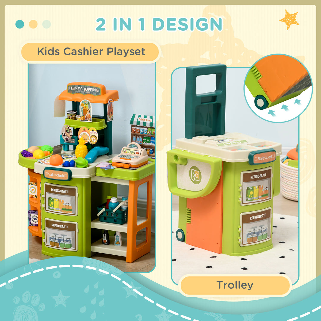 AIYAPLAY Cash Register for Kids Children Trolley, 58 Pcs Foldable Toy Shop Pretend Play Till w/ Scanner, Beverage Food Vegetable, for Kids Aged 3-6