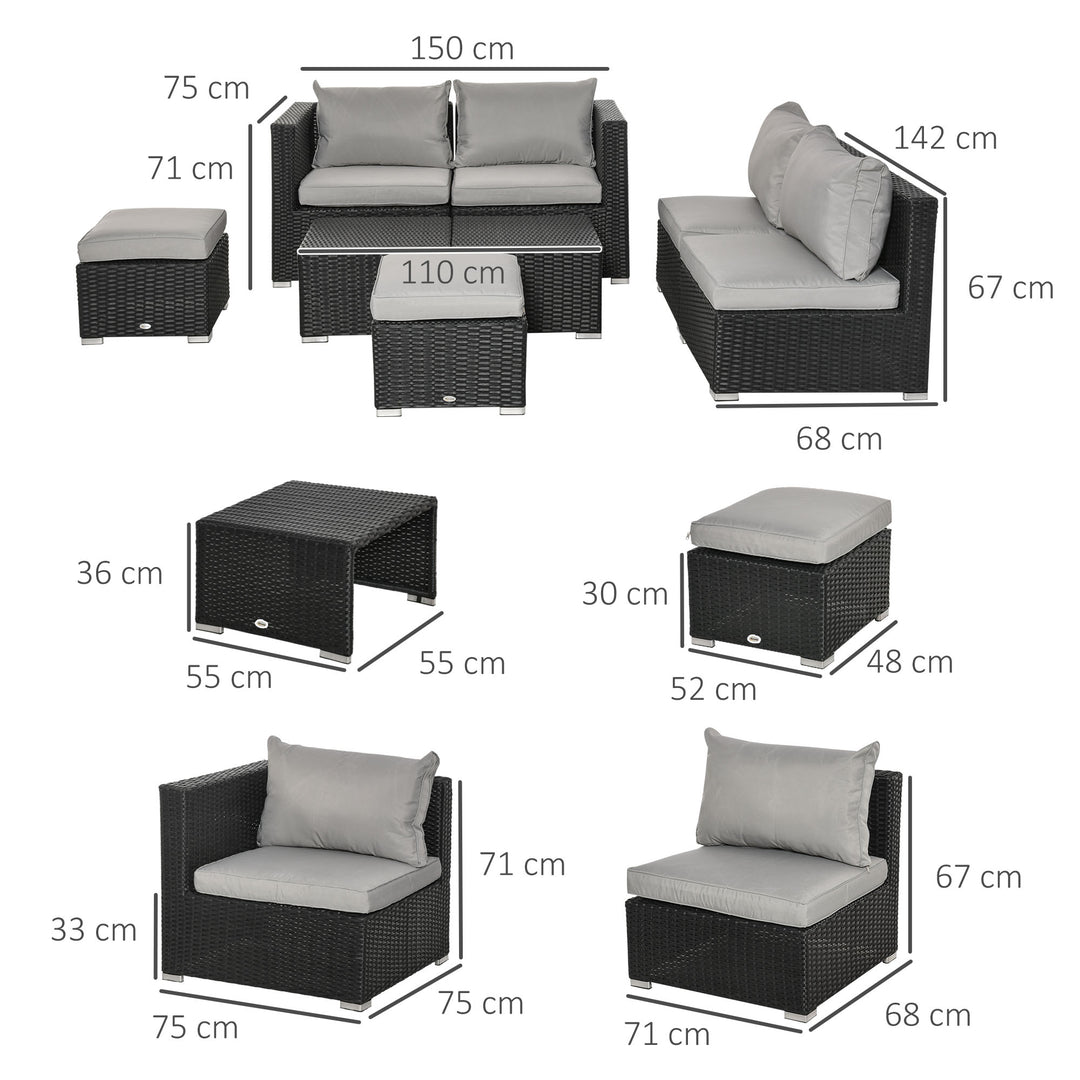 Outsunny 6-Seater Garden Rattan Wicker Sofa Set w/ Coffee Table, Wicker Weave Chair, Space-saving Footstool, Padded Cushions, Black
