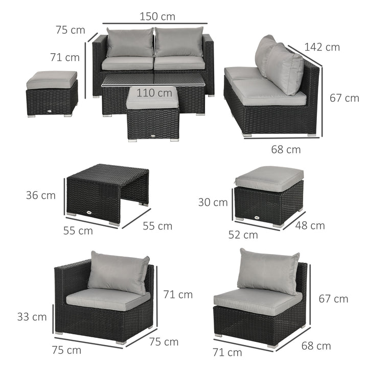Outsunny 6-Seater Garden Rattan Wicker Sofa Set w/ Coffee Table, Wicker Weave Chair, Space-saving Footstool, Padded Cushions, Black