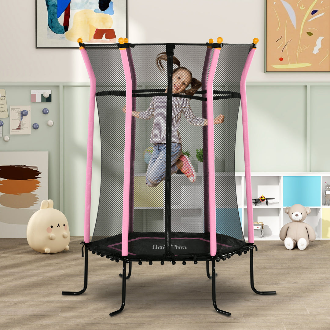 HOMCOM 5.2FT / 63 Inch Kids Trampoline With Enclosure Net Mini Indoor Outdoor Trampolines for Child Toddler Age 3 - 10 Years Pink