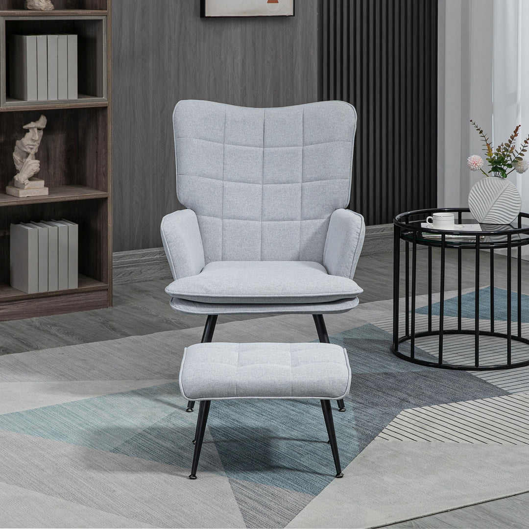 Armchair with Footstool, Living Room Chair, Linen Accent Chair for Bedroom, Home Study, Light Grey