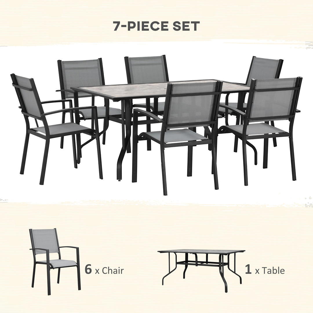 7 Piece Garden Dining Set, Armchairs and Table with Parasol Hole, 6 Seater Outdoor Patio Furniture with Texteline Seat for Backyard, Grey