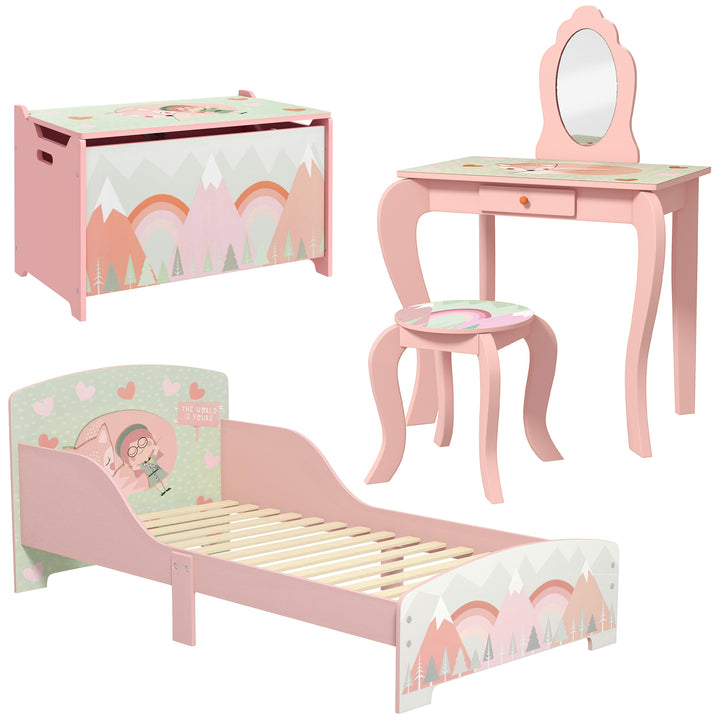 Kids Bedroom Furniture Set Includes Bed Frame, Toy Chest, Dressing Table for Ages 3-6 Years - Pink