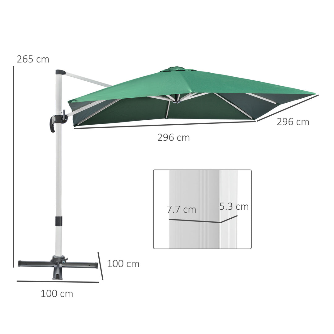3 x 3(m) Cantilever Parasol, Square Garden Umbrella with Cross Base, Crank Handle, Tilt, 360° Rotation and Aluminium Frame, Green