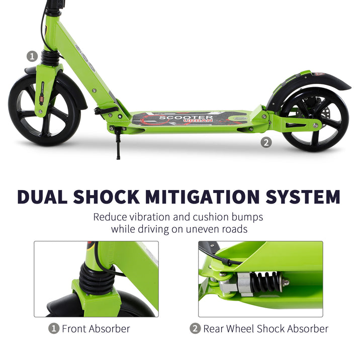 Teens Adult Kick Scooter Foldable Adjustable Aluminum Ride On Toy For 14+ w/ Dual Brake System, Shock Mitigation System - Green 95.5-110.5H CM