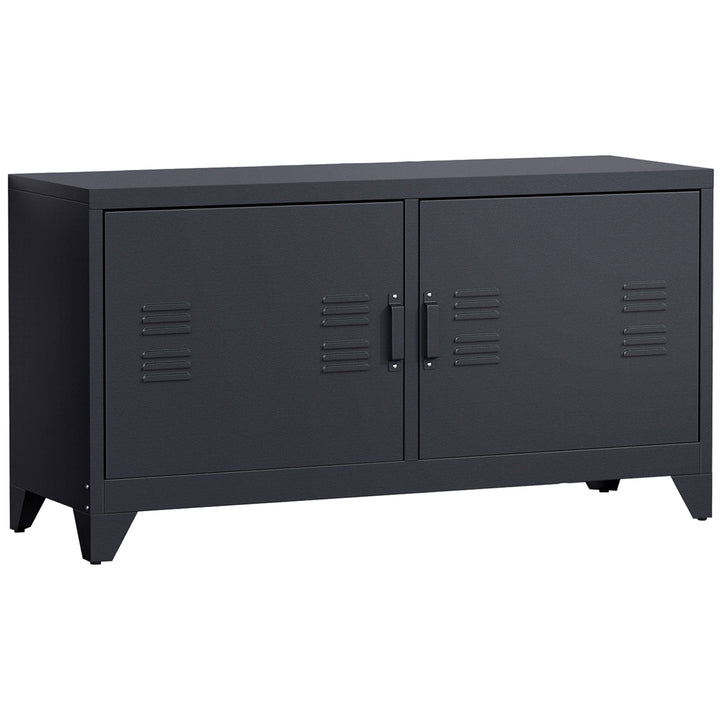 Industrial TV Cabinet Stand Media Center Steel Shelf Doors Storage System DVD Recorder Receiver Unit - Black