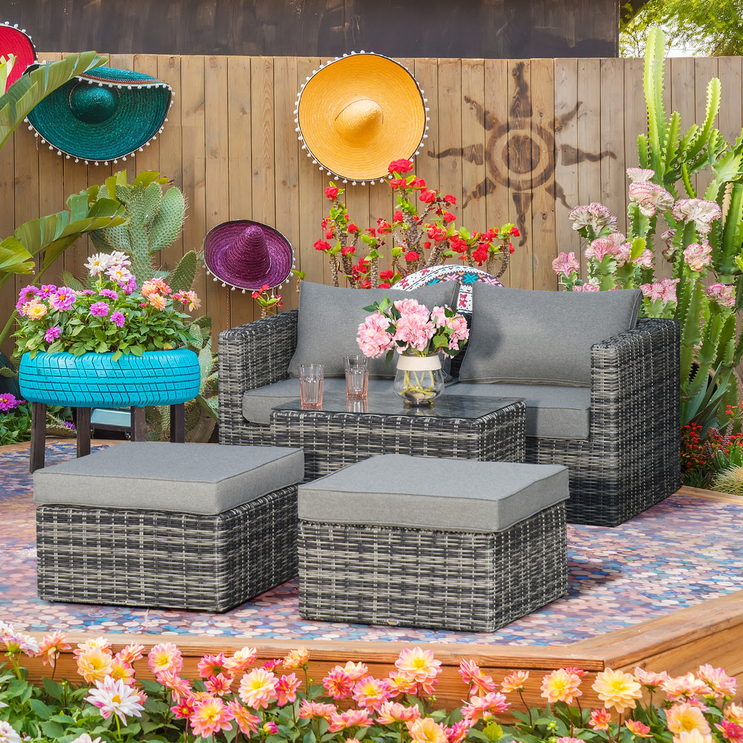 2 Seater Rattan Garden Furniture Set w/ Tall Glass-Top Table Aluminium Frame Balcony Sofa, Mixed Grey