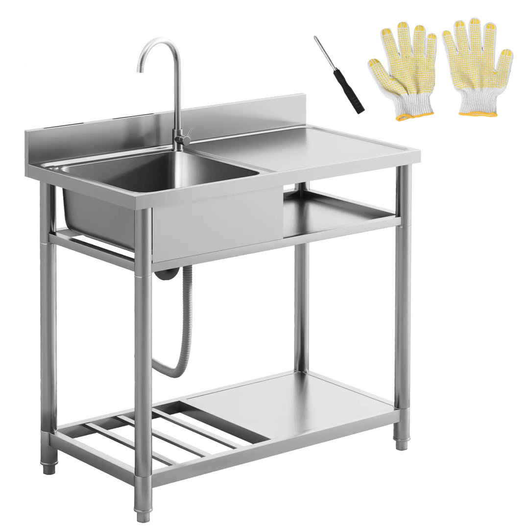 Outdoor Stainless Steel Kitchen Sink, Freestanding Sink Single Bowl with Cold and Hot Water Pipe and Storage Shelves