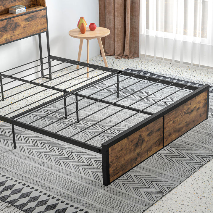 Industrial King Bed Frame, 5.2FT Steel Bed Base with Storage Headboard, Footboard, Slatted Support and Under Bed Storage, 158 x 222cm, Rustic Brown