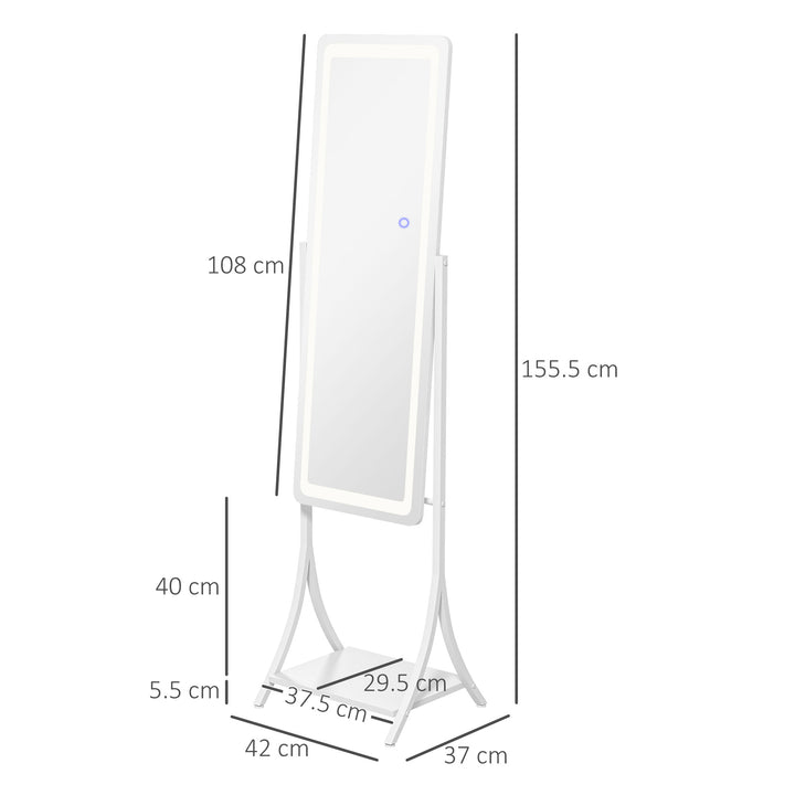 Free Standing Dressing Mirror with LED Lights, Full Length Mirror with 3 Temperature Colours and Storage Shelf