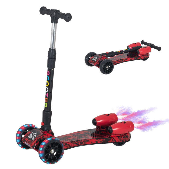 Kids 3 Wheel Kick Scooter Adjustable Height w/ Flashing Wheels Music Water Spray Foldable Design Cool On Off Road Vehicle Red