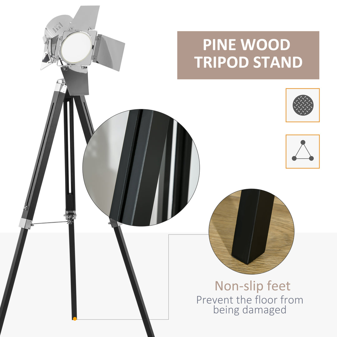Industrial Tripod Floor Lamp, Nautical Cinema Standing Spotlight with Wood Legs and Adjustable Height for Living, Bedroom, Black and Silver