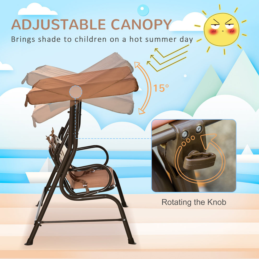 2-Seat Kids Canopy Swing, Children Outdoor Patio Lounge Chair, for Garden Porch, with Adjustable Awning, Seat Belt, Monkey Pattern, Coffee