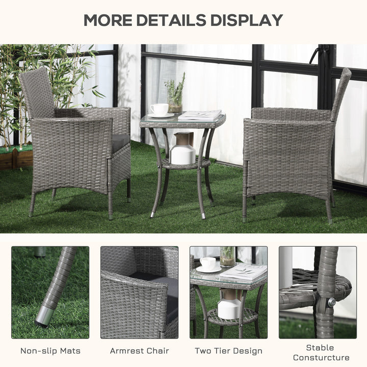 Three-Piece Rattan Bistro Set,with Cushions, Garden Furniture,Wicker Weave Conservatory Companion, Chair Table Set - Grey