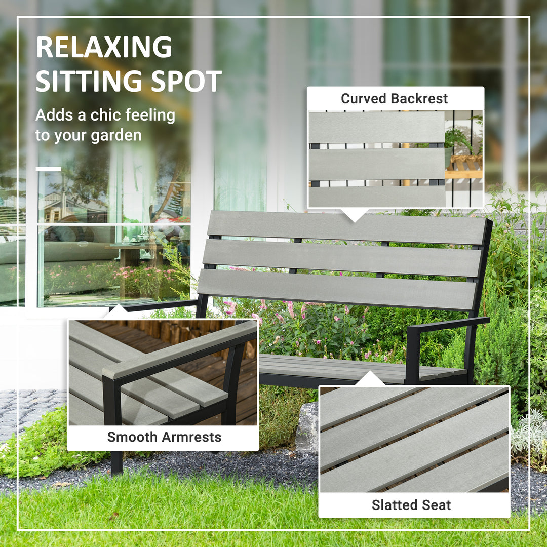 2 Seater Garden Bench, Slatted Outdoor Bench with Steel Frame, Garden Loveseat, 122 x 65 x 92 cm, Grey