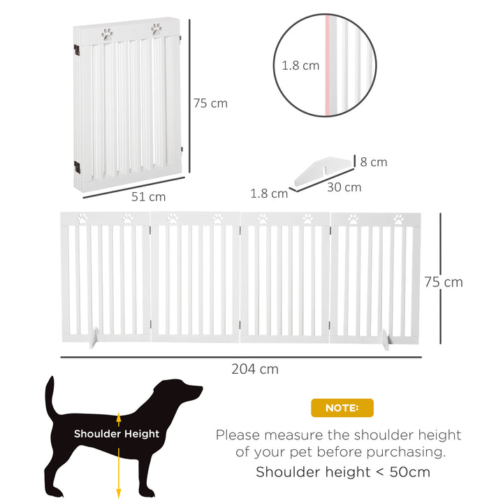 PawHut Pet Gate 4 Panel Wooden Foldable Fence Freestanding Dog Safety Barrier with 2 Support Feet for Doorways Stairs 80'' x 30'' White