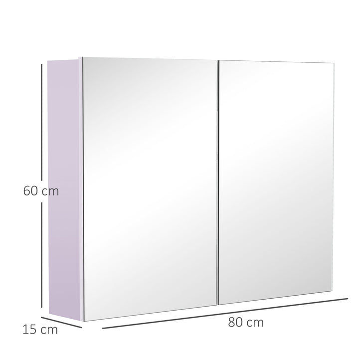Double Door Wall Mounted Glass Mirror Cabinet Modern Storage Unit Bathroom Shelf Organiser Waterproof Wooden Frame 80Lx60Hx15D(cm)
