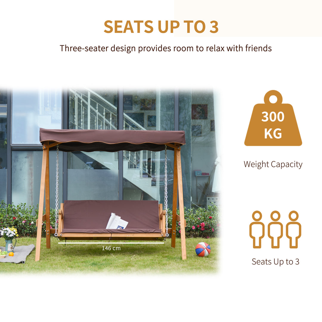 Outsunny 3 Seater Outdoor Garden Swing Chair with Adjustable Canopy, Wooden Hammock Bench with  Padded Cushions for Patio Yard, Brown