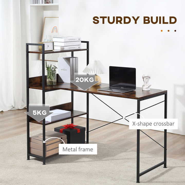 HOMCOM Retro Industrial Computer Desk Home Office Table with 4-Tier Storage Shelf Metal Frame Computer Workstation for Home Office, Brown