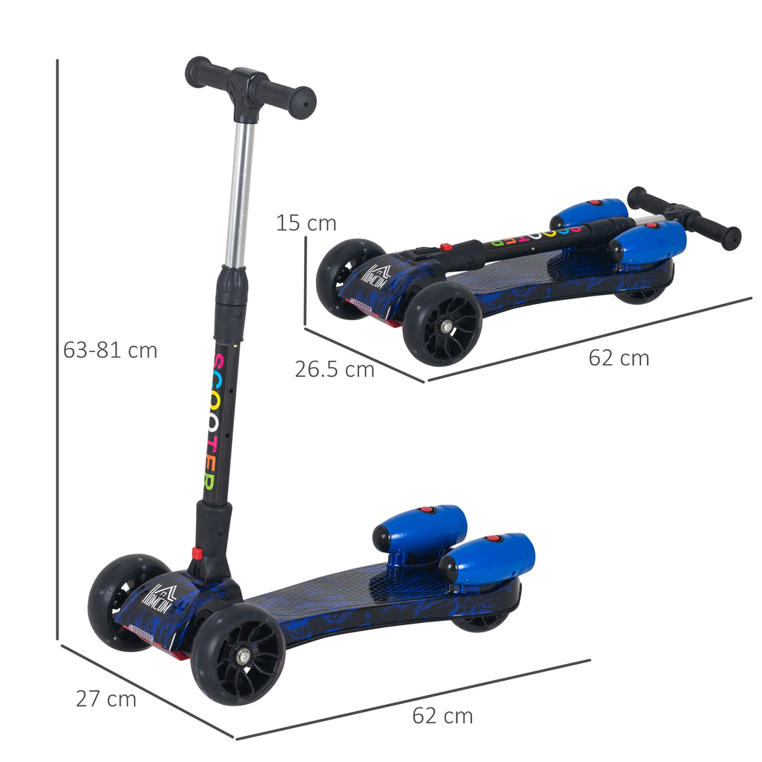 Kids 3 Wheel Kick Scooter Adjustable Height w/ Flashing Wheels Music Water Spray Foldable Design Cool On Off Road Vehicle Blue