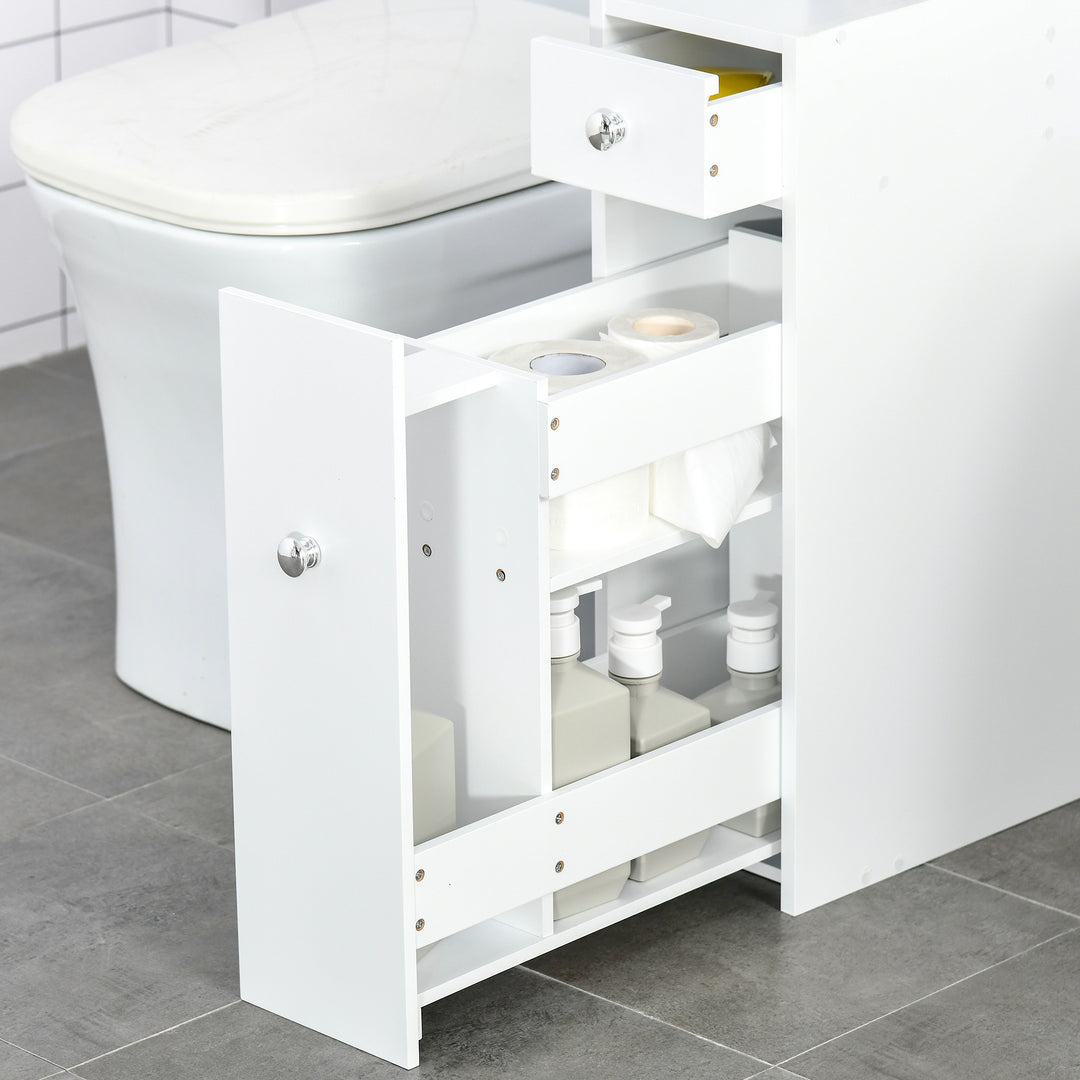 Bathroom Slim Floor Cabinet Narrow Wooden Storage Home Bath Toilet Cupboard Organiser Unit with Drawers White