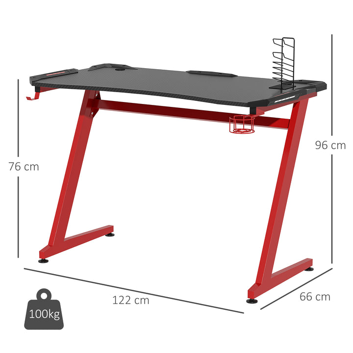 Gaming Desk, Ergonomic Home Office Desk, Gamer Workstation Racing Table, with Headphone Hook and Cup Holder, 122 x 66 x 86cm, Black and Red