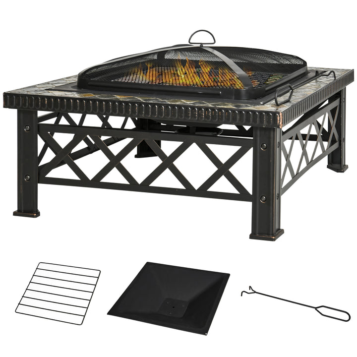 Outsunny 3 in 1 Square Fire Pit Square Table Metal Brazier for Garden, Patio with BBQ Grill Shelf, Spark Screen Cover, Grate, Poker, 76 x 76 x 47cm