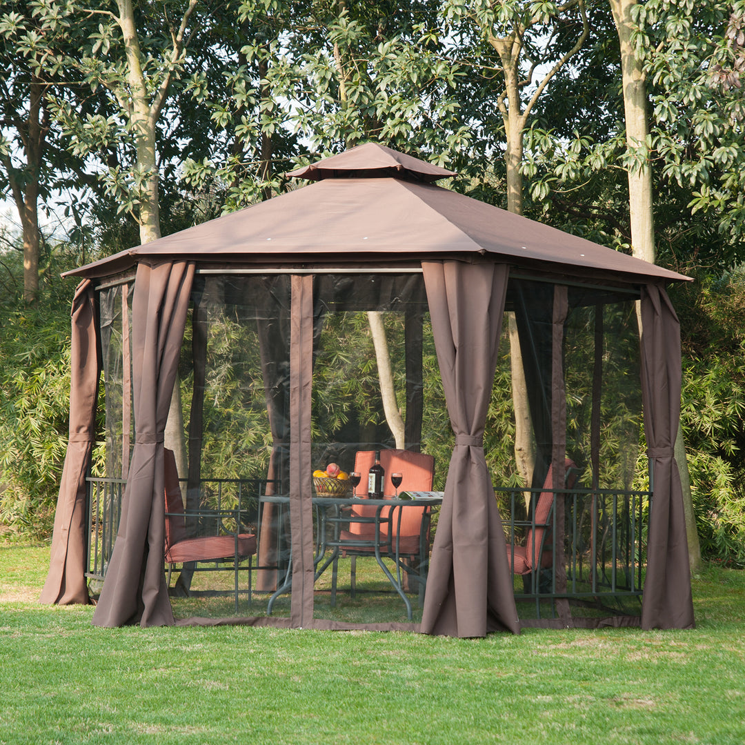 Hexagon Gazebo Patio Canopy Party Tent Outdoor Garden Shelter w/ 2 Tier Roof & Side Panel - Brown