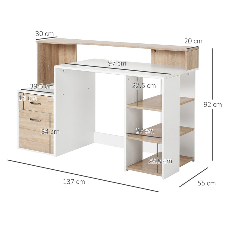 Computer Desk PC Table Modern Home Office Writing Workstation Furniture Printer Shelf Rack w/ Storage Drawer & Shelves (Oak and white)