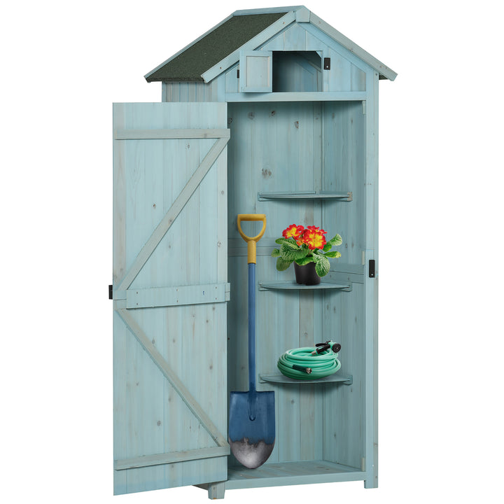 Outsunny Garden Shed Vertical Utility 3 Shelves Shed Wood Outdoor Garden Tool Storage Unit Storage Cabinet, 77 x 54.2 x 179cm - Blue