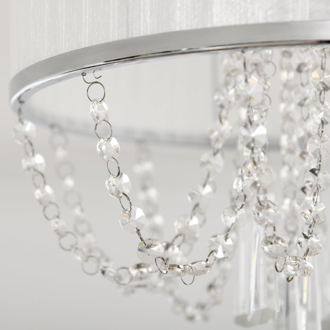 Elegant Metal Ceiling Light Chandelier with Pleated Fabric Lampshade, Decorative Crystal Pendants, for Living Room, Dining Room, Bedroom, White