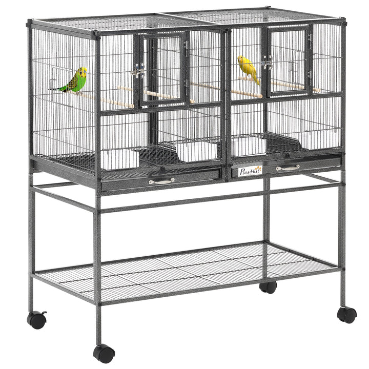 Double Rolling Metal Bird Cage Parrot Cage with Removable Metal Tray, Storage Shelf with Food Container